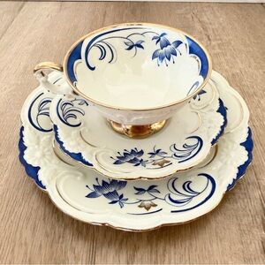 RARE Beautiful Bareuther Bavaria Germany Cup Saucer Plate Set, Blue Gold Flower